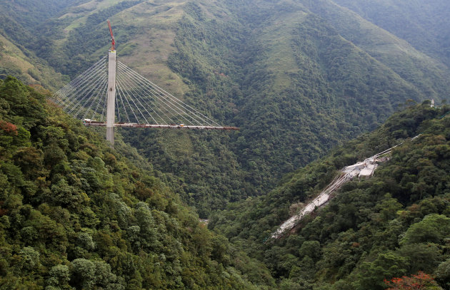 View of a bridge under construction that collapsed leaving dead and injured workers in Chirajara near Bogota